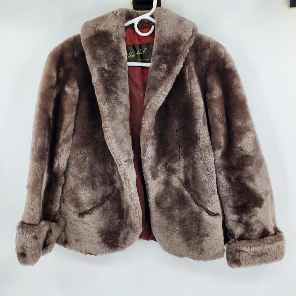 Vintage The Hub Fur Shawl Collar Mob Wife Old Money Hollywood Glam Jacket Brown